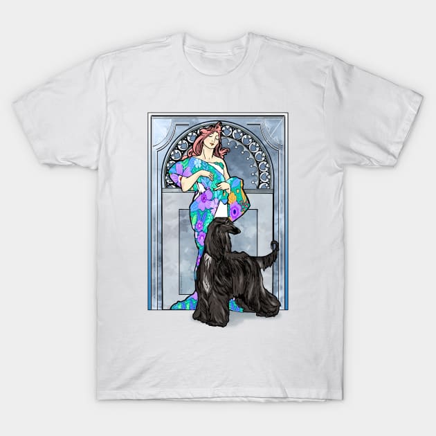 Mucha/Watson. Black Afghan Hound.Elegant redhead female. T-Shirt by chepea2